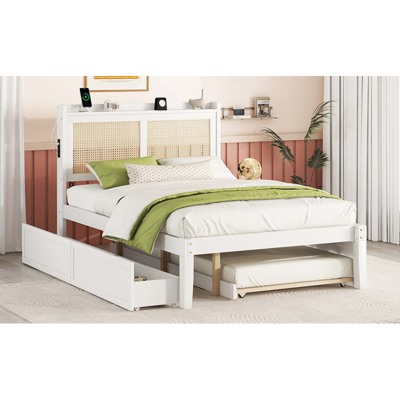 Structure de lit avec tête de lit en rotin et douilles, Double, Blanc