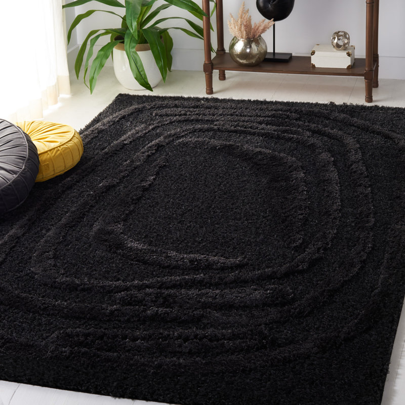 Tapis noir tissé à la machine Amberjo, Rectangle 5 pi 3 po x 7 pi 6 po
