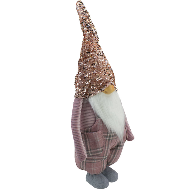 Grand gnome de Noël à carreaux roses et gris 30 po