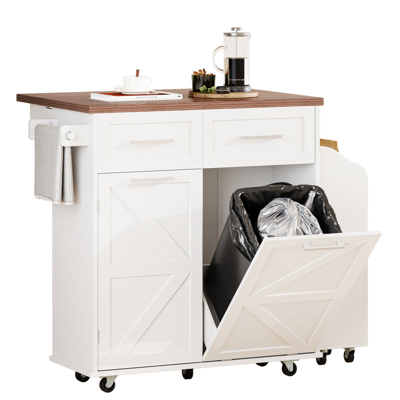 White 47.2-Inch Kitchen Island With Drop Leaf, Two Drawers, And 3 Pot Organizer - Removable Side Shelf, 9 Wheels, Trash Can Cabinet Cart Universal Towel Rack Style, Adjustable Shelf