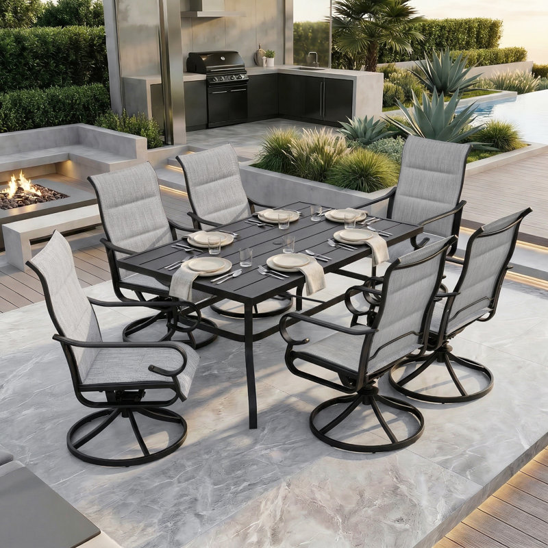 Burlington 7-piece Padded Textilene Patio Dining Set With Umbrella Hole, Swivel Design