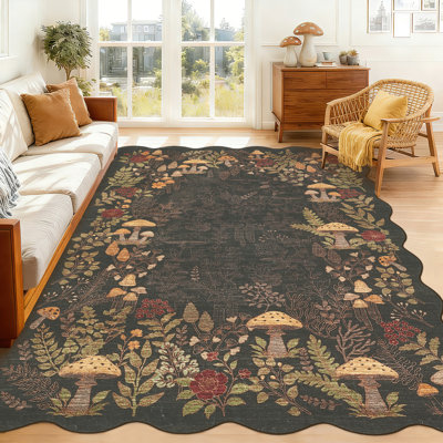 Tapis lavable antidérapant à motif floral festonné champignon à poils courts et à poils doux pour salon, chambre à coucher, salle à manger et salle de jeux