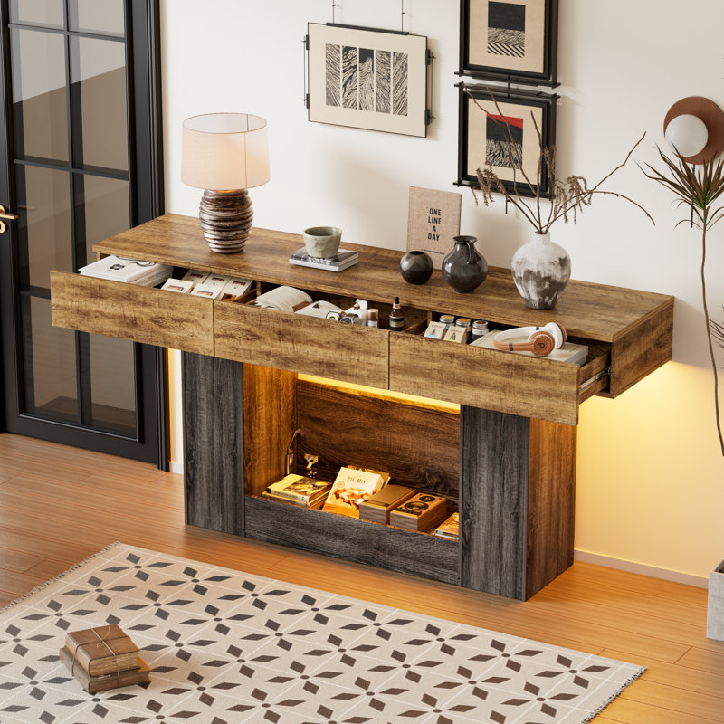 63'' Farmhouse Wood Console Table With Drawers And Hidden Storage Compartment, Long Entryway Sofa Table With Rgb Led Lights For Living Room, Hallway, Foyer