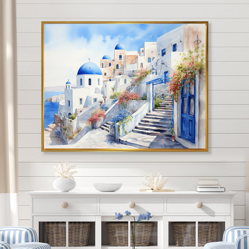 «Blue and White Santorini Village I», art mural Grèce, Cadre flottant doré, H 34 po x l 44 po x P 1,5 po