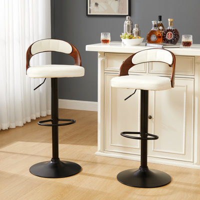 George Set of 4 Adjustable Height Bar Stools Mid-Century Modern Faux Leather Wood Chair 360° Swivel, Industrial Pedestal Base, for Kitchen, Counter, Home Bar