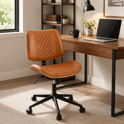 Chaise de bureau Mid-Century moderne capitonnée, chaise de bureau en similicuir sans accoudoirs, structure en bois courbé et hauteur réglable, brun