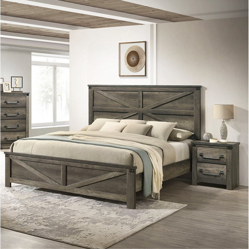 Ensemble de 3 grands lits rustiques gris avec grand lit et 2 tables de chevet au design unique
