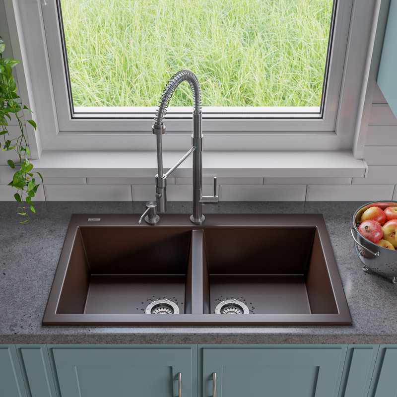 33.88'' L Double Bowl Granite Kitchen Sink, Chocolate
