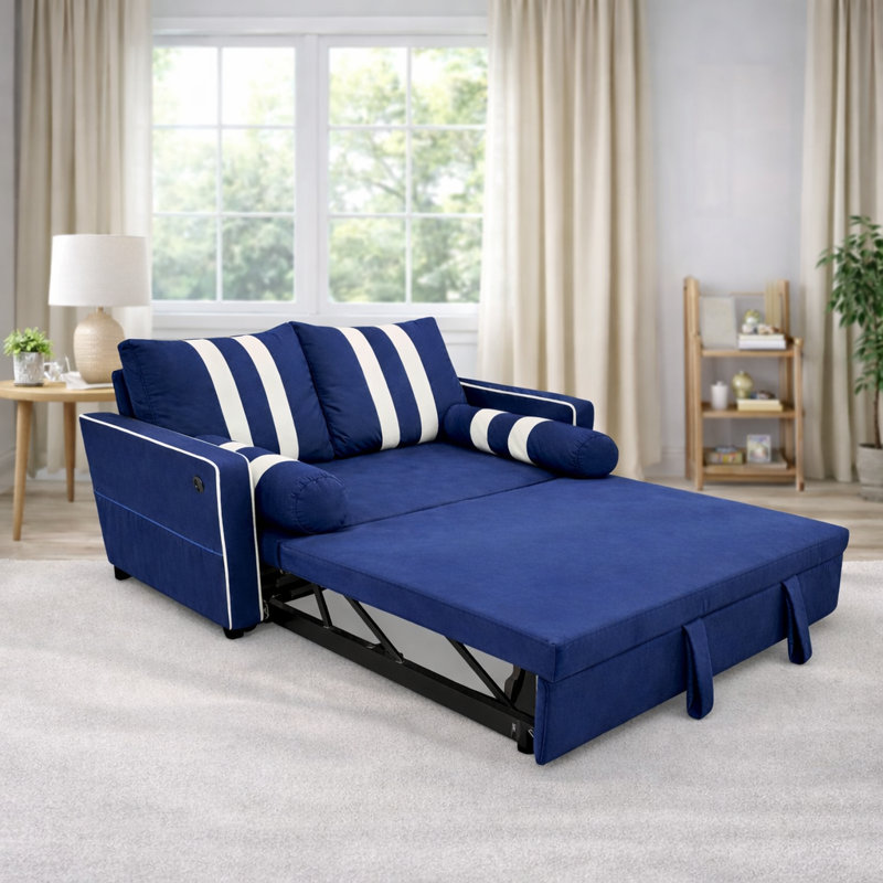 Modern 2-Seater Convertible Pull-Out Sofa Bed With USB Charging Port & Adjustable Backrest, Blue