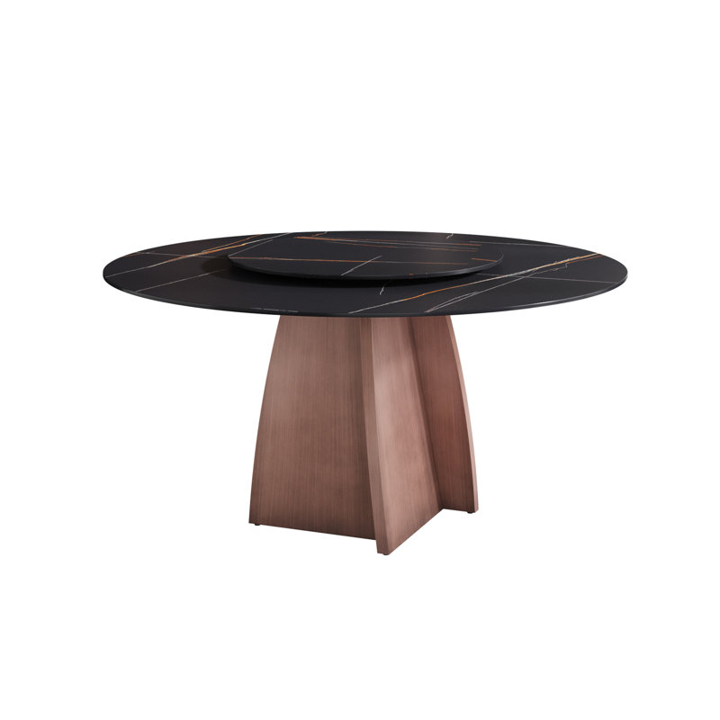 Table de salle à manger 59,05 po ronde en marbre avec base en fer, marbre artificiel pour 6 à 8 personnes, table tournante en pierre artificielle noire 31,5 po (table de salle à manger seulement)