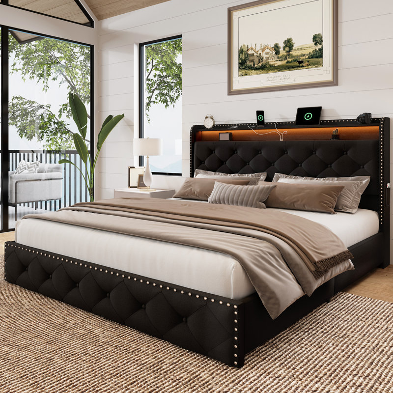 Upholstered Platform Bed with 4 Storage Drawers, Velvet Queen Size Bed with Storage Shelf Headboard&Charging Station&Led Lights, Black