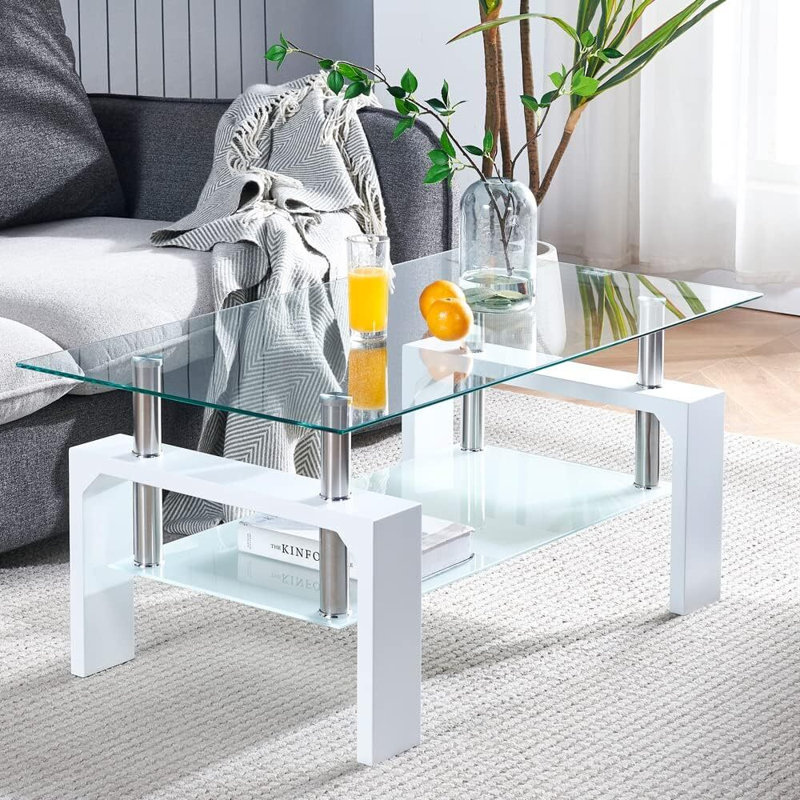 Table basse rectangulaire en verre blanc, 17.7" H x 37.4" W x 21.6" D, Clear, Blanc