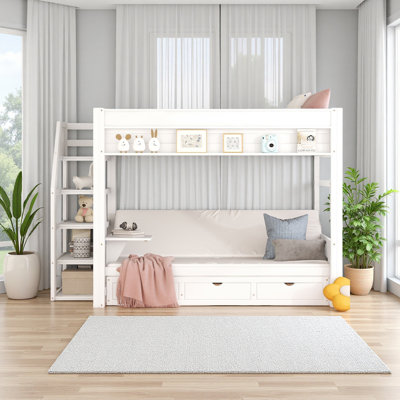 Wood Full Size Convertible Bunk Bed With Storage Staircase, Bedside Table, And 3 Drawers
