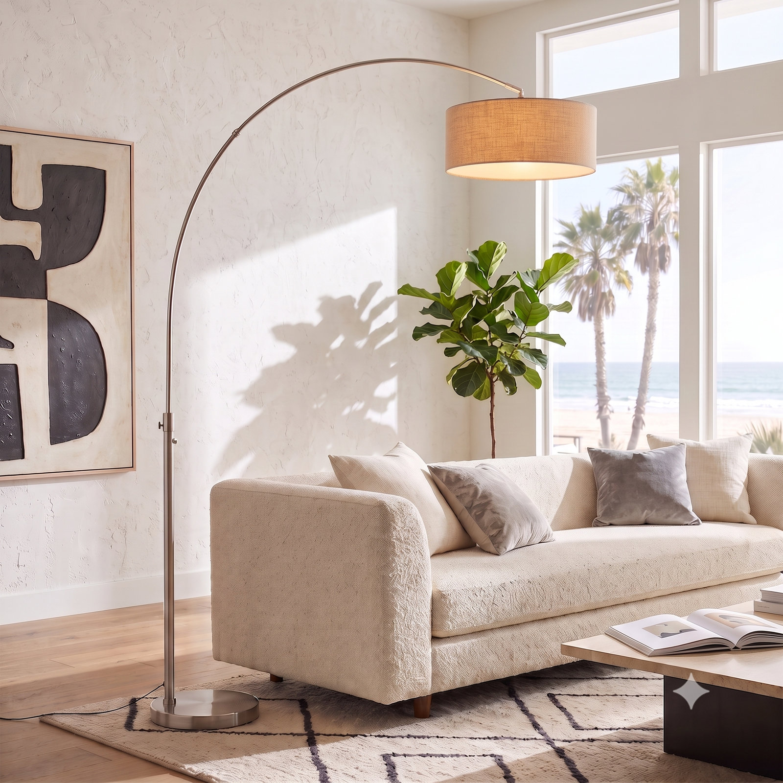 Float 92" Arc Lamp - Linen Shade, Dimmable, Bulb Included, Natural Burlap, Satin Nickel