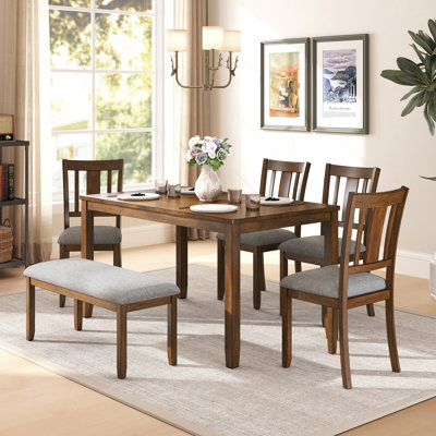 Dining Table Set for 6, 6-Piece  Kitchen Table & Chair Set, Includes 1 Table, 4 Upholstered Chairs & 1 Bench, Slatted Backrest
