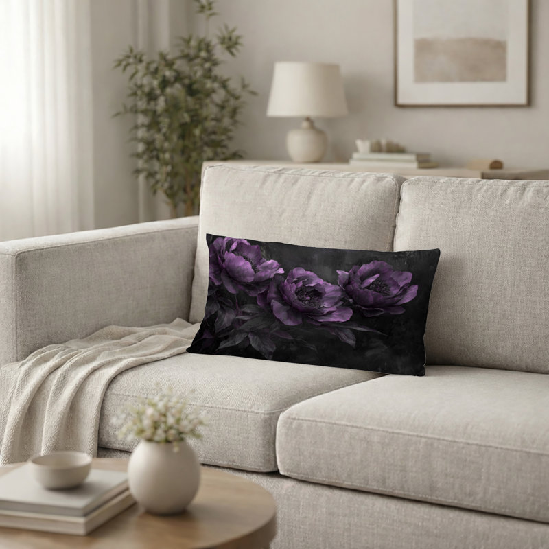Coussin décoratif imprimé pivoines violettes et noires Midnight Bloom -, H 12 po x l 20 po