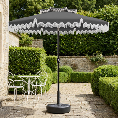9FT Fringe Patio Umbrella w/Tilt, Crank Handle, UPF 50+ UV Protection, 8 Fiberglass Ribs, Water Repellent Outdoor Umbrella for Deck, Backyard & Poolside, Gray