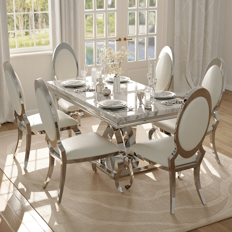 Ensemble de table de salle à manger de luxe blanc et argent avec 6 chaises en cuir blanches, 7 pièces : table, 6 chaises