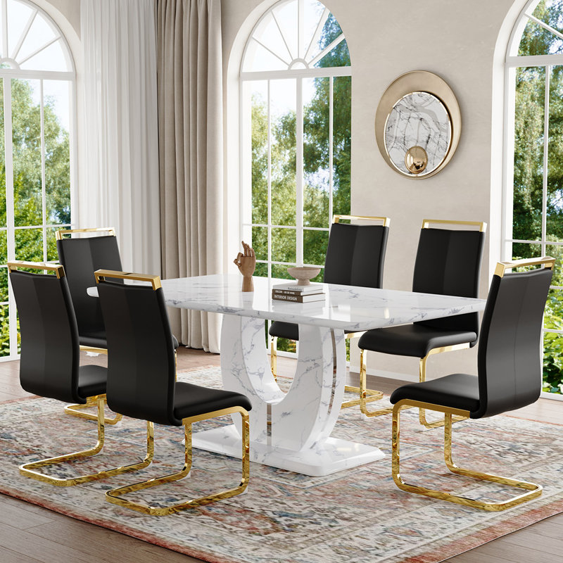Ensemble de table de salle à manger, Noir / or, Marbre blanc, 7 pièces