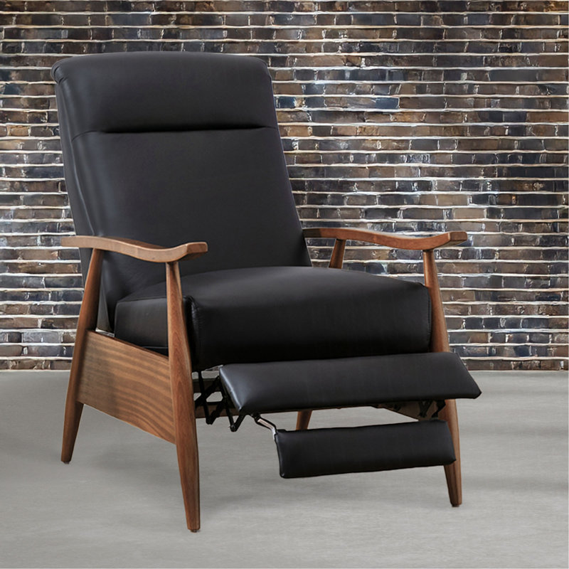 Fremont Leather Wood Arm Push Back Recliner, Black