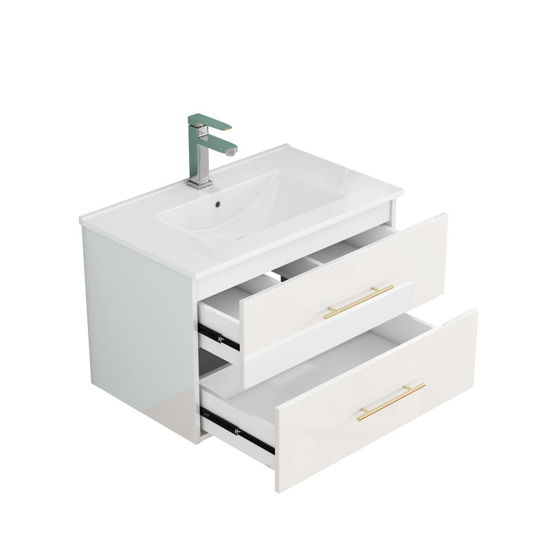 Wall-mounted bathroom vanity with two drawers, 30", Glossy White