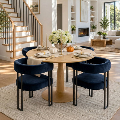 Ensemble de table à manger pour 4 personnes avec table ronde et 4 fauteuils en velours rembourrés
