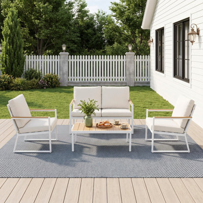 Ensemble de conversation extérieur en aluminium toutes saisons avec plateau de table et accoudoirs en grain de bois PS