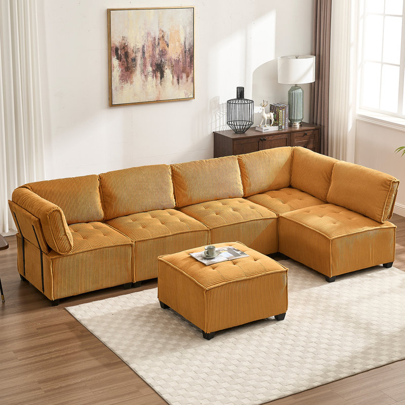 Canapé modulaire polyvalent pour le salon avec plusieurs configurations, Velours côtelé jaune moutarde