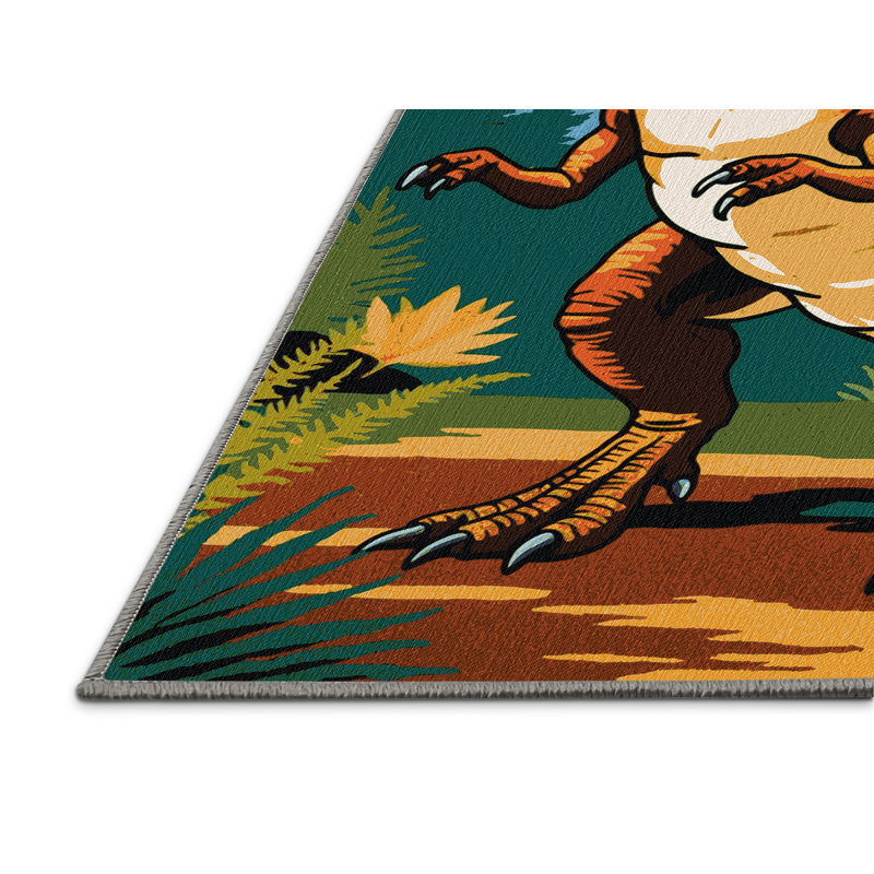 Tapis brun dinosaures lavable à la machine, Rond 5 pi