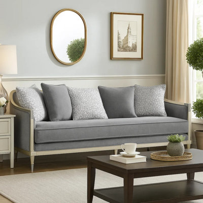 Fero Sofa With 5 Pillows, Grey Chenille, Champagne Wood Trim, 87 Inch