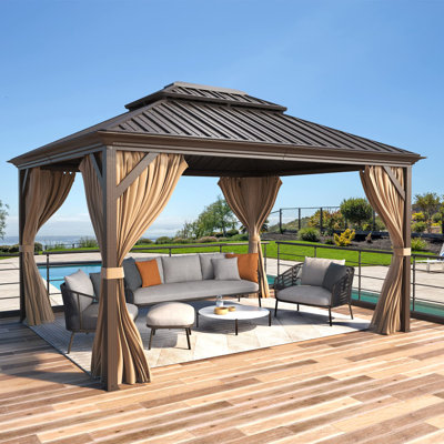 12'x14' Hardtop Gazebo - Galvanized Steel Aluminum Canopy With Netting And Curtains, Double Roof Permanent Pavilion For Patio, Backyard, Deck, And Lawn