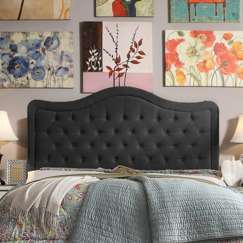 Tête de lit réglable avec revêtement en lin fin et capitonnage pour la chambre à coucher, Grand, Noir