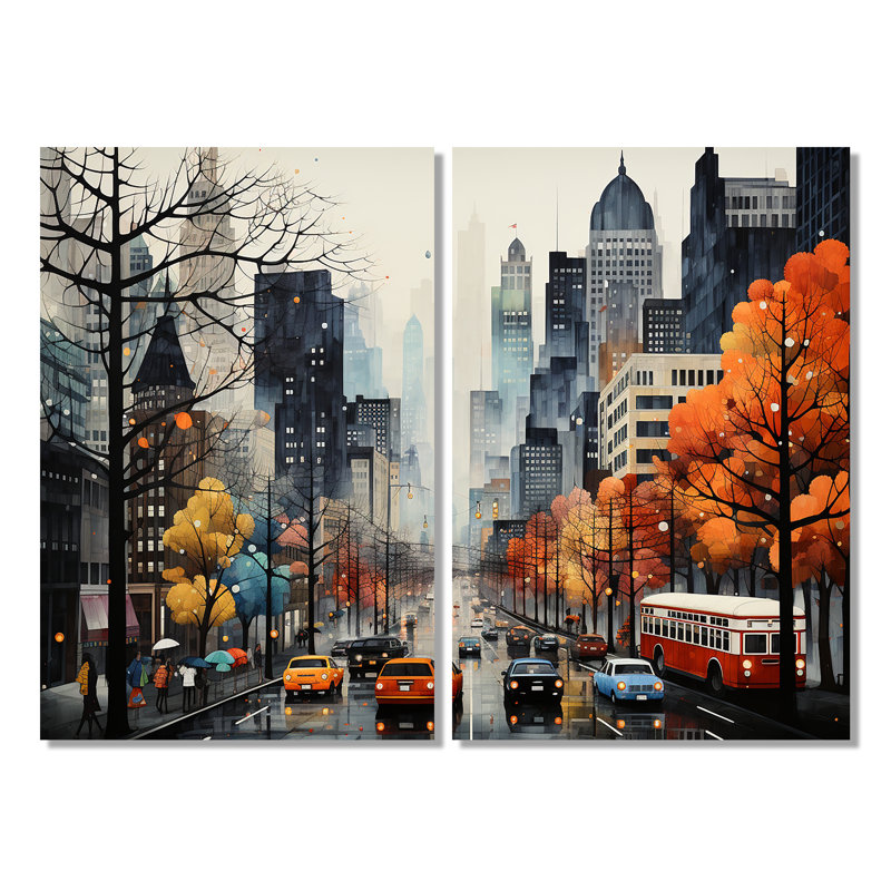 Ensemble de 2 décorations murales Bold Cityscape Urban Fog III - Orange, 36" H x 48" W, Wrapped Canvas, Does Not Apply