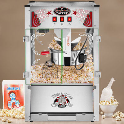 Machine à maïs soufflé Majestic - Bouilloire en acier inoxydable de 16 oz pouvant contenir jusqu'à 96 tasses - Machine à maïs soufflé électrique avec pelle, tasses à mesurer, sacs de service et seaux par Superior Popcorn Company