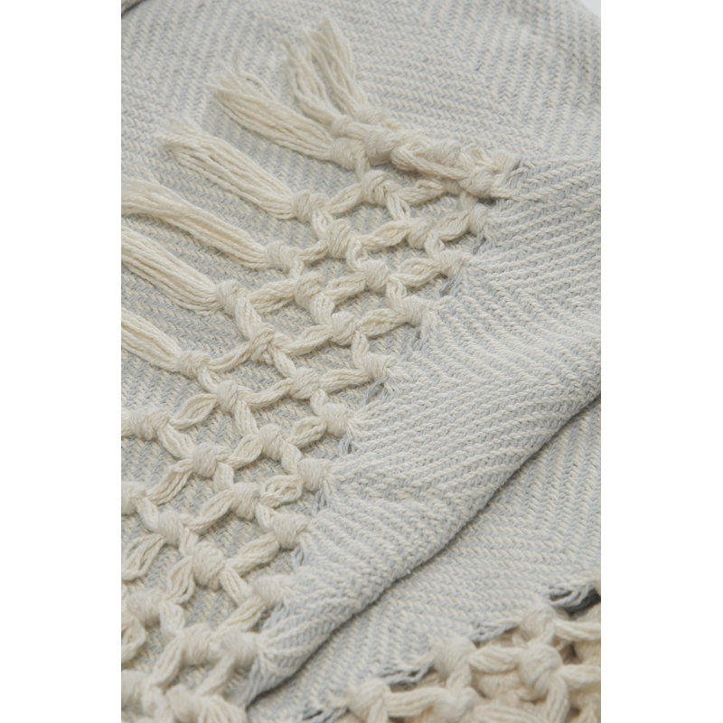 Gray Cotton Herringbone Throw Blanket with Fringe