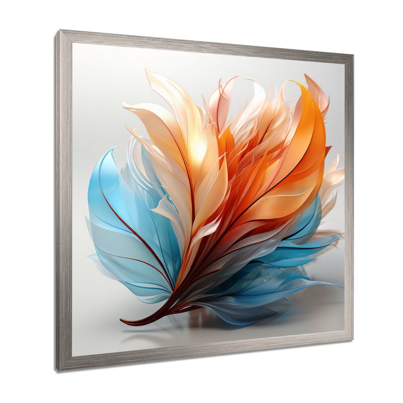 Fractal, plume d'ambre orange et turquoise I - art mural de plumes pour le salon, Cadre photo unique, H 24 po x l 24 po
