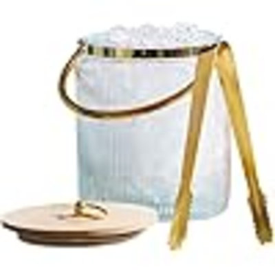 Seau à glace en verre avec couvercle hermétique, pince à glace et poignée - Accessoires pour bar à cocktail à nervures 3L, refroidisseur à vin, bière et refroidisseur pour les fêtes, refroidisseur de baignoire à champagne avec poignées à charn