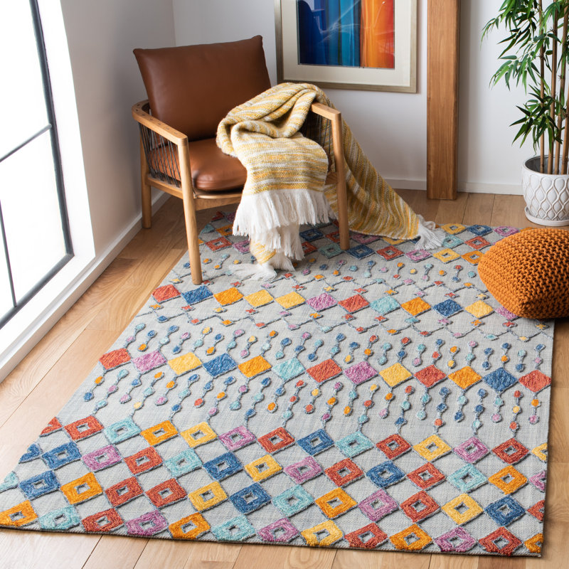 Tapis géométrique en laine / coton touffeté à la main bleu clair / jaune / rouge, Rectangle 5 pi x 8 pi