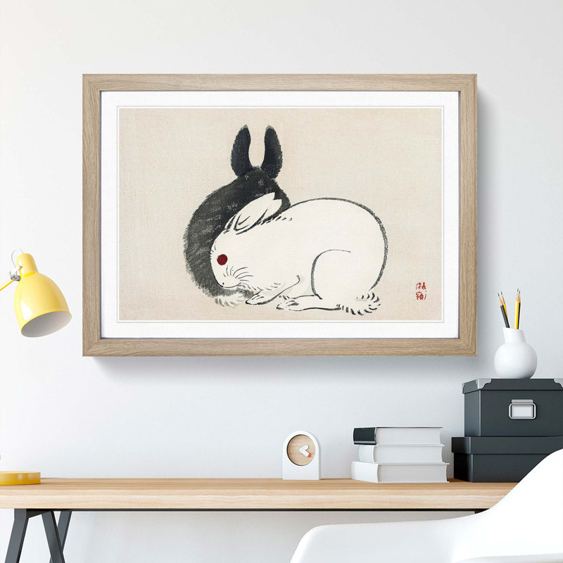 Black and White Rabbits by Kono Bairei - Picture Frame Painting Print, 36cm H x 48cm W x 2cm D, Oak Framed