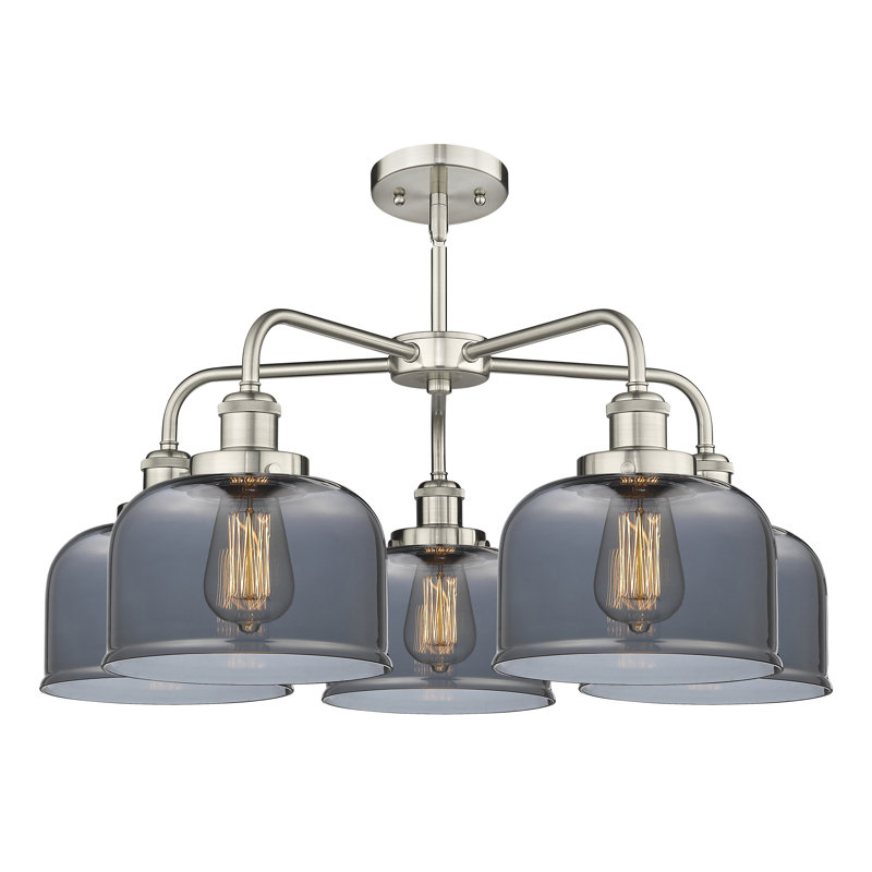 Lustre en verre à 5 lumières Bell, Plaqué couleur fumée, Nickel satiné