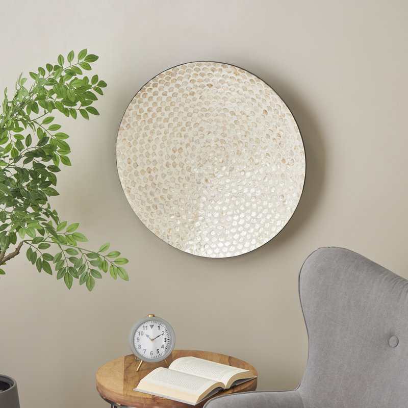 Eloise Mother of Pearl Shell Round Disc Geometric Cream Wall Decor with Black Frame