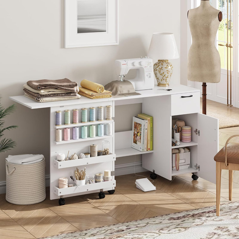 Folding Sewing Machine Table With Storage Shelves And Sliding Drawer, Rolling Side Desk With Lockable Wheels, Craft Station For Sewing Machine For Home, Bedroom, White