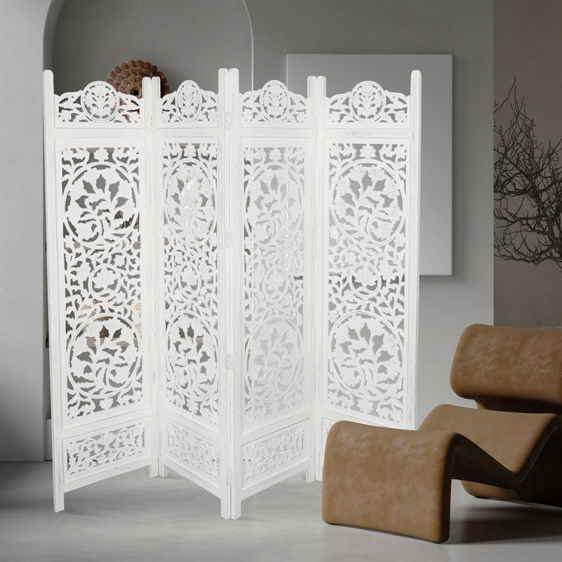 Beheshta 200cm W x 180cm H 4 - Panel Folding Room Divider, White