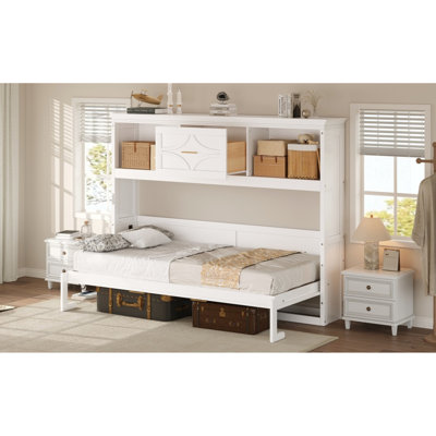 Lit simple blanc avec matelas de charge, tiroir et rangement - Station de teinte en bois de pin, sensation rustique