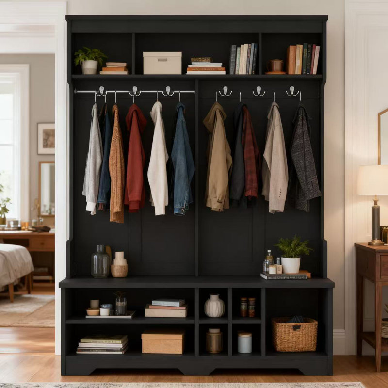 Modern Hallway Hall Tree With Metal Hooks And Storage Space, Multi-functional Entryway Coat Rack With Shoe Cubbies, Black