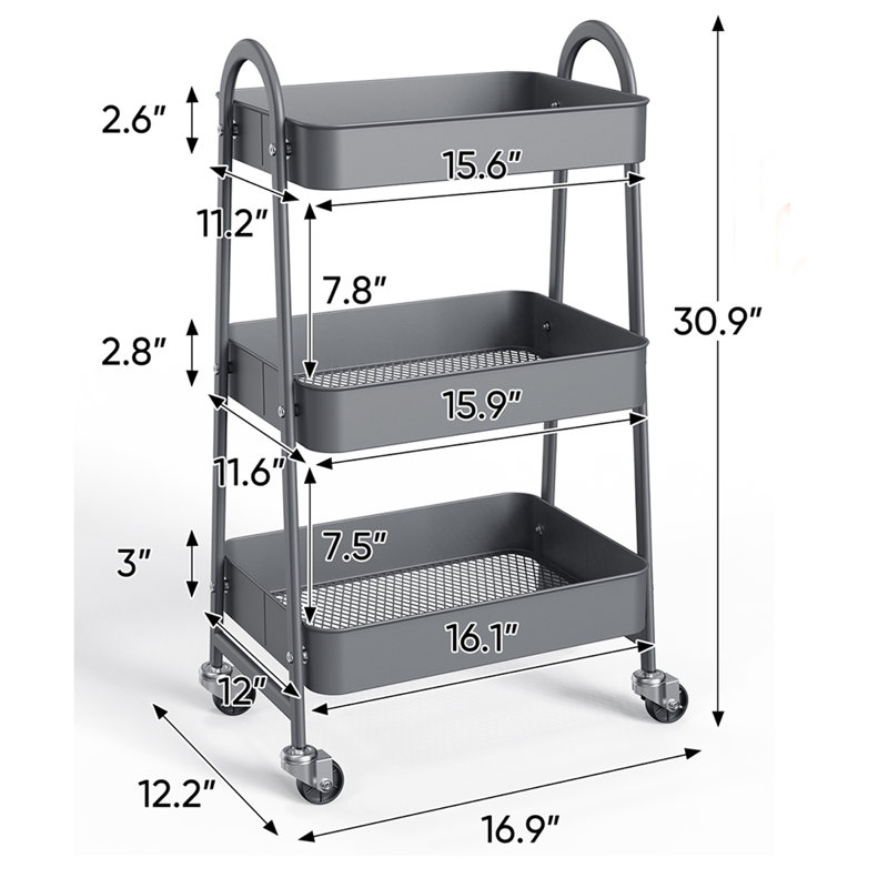 Petit chariot roulant à 3 niveaux, organisateur de rangement en métal, chariot de salle de bain de cuisine, tablettes de bureau