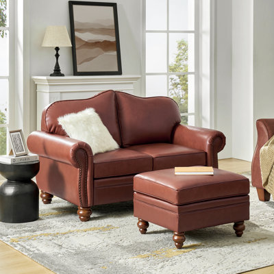 Coralia 60" Transitional Leather 2-Piece Living Room Sofa With Ottoman Set