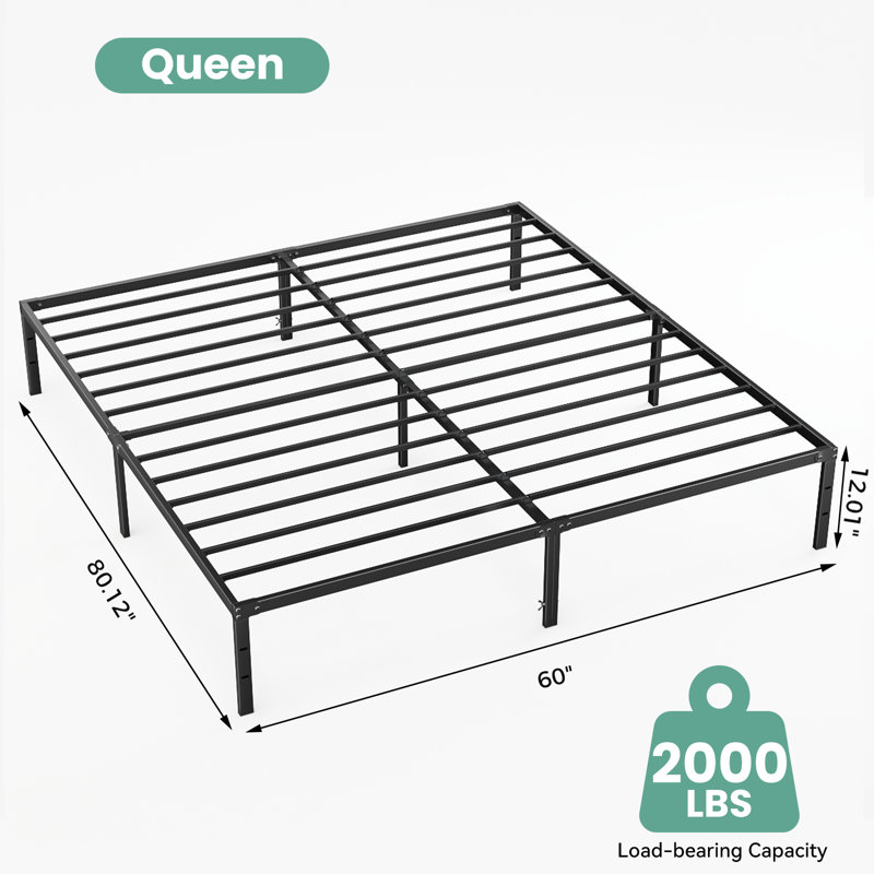Lutherville 12'' Black Metal Platform Bed Frame With Steel Slat Support, No Box Spring Needed, Queen, 12"