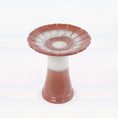 Handmade Glazed Ceramic Bird Bath with Scalloped Tray and Pedestal Base, Rust Red to Off-White Gradient for Outdoor Use