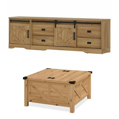 Farmhouse TV Stand And Coffee Table Set Of 2,Entertainment Center For Tvs Up To 85 Inch With Drawers And Adjustable Shelf,Vintage Oak